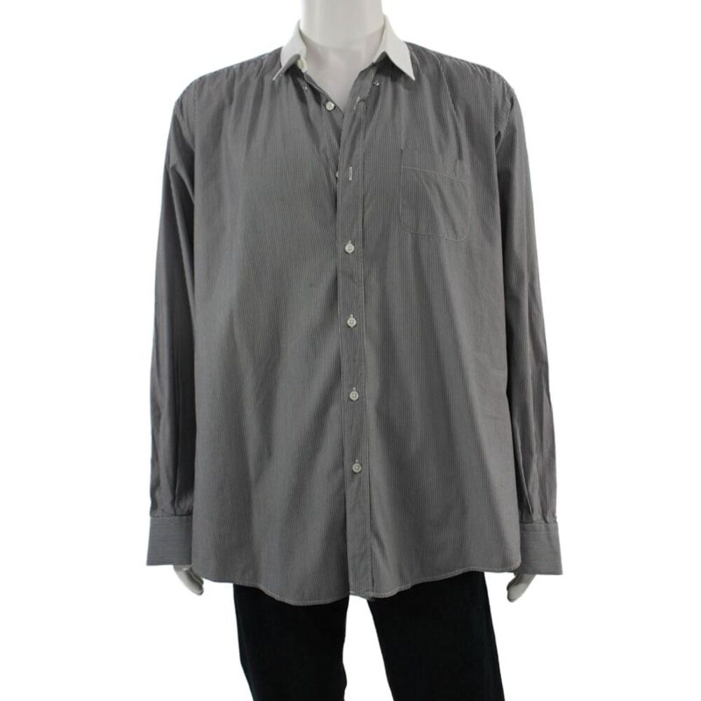 Z Zegna Mens Point Collar Striped Dress Shirt Dark Gray Cotton Size L